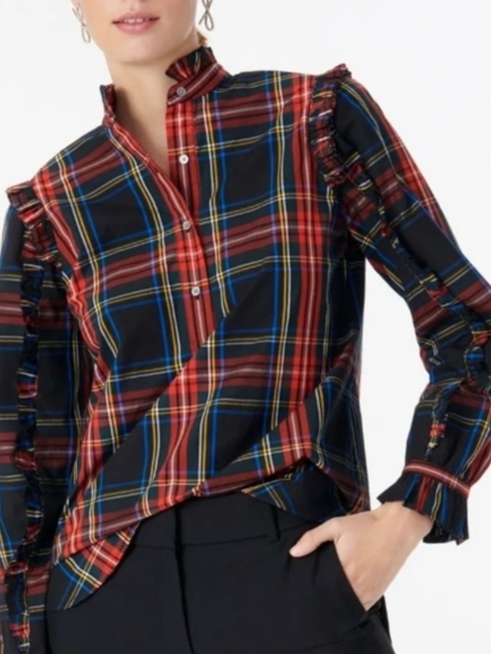 J Crew Classic-fit ruffle popover blouse in black Stewart tartan XS